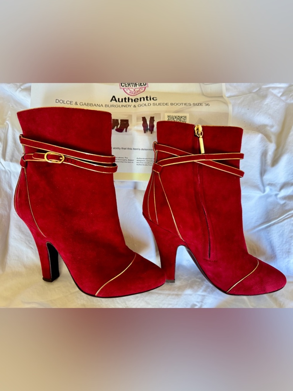 Dolce & Gabbana Burgundy Suede Ankle Booties with Gold Hardware